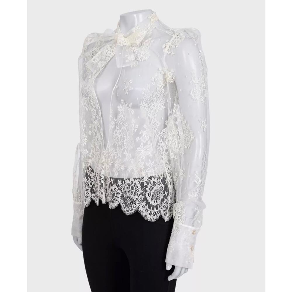 Christian Dior Vintage White Sheer Tie Neck Blouse Long Sleeve S - Picture 2 of 5